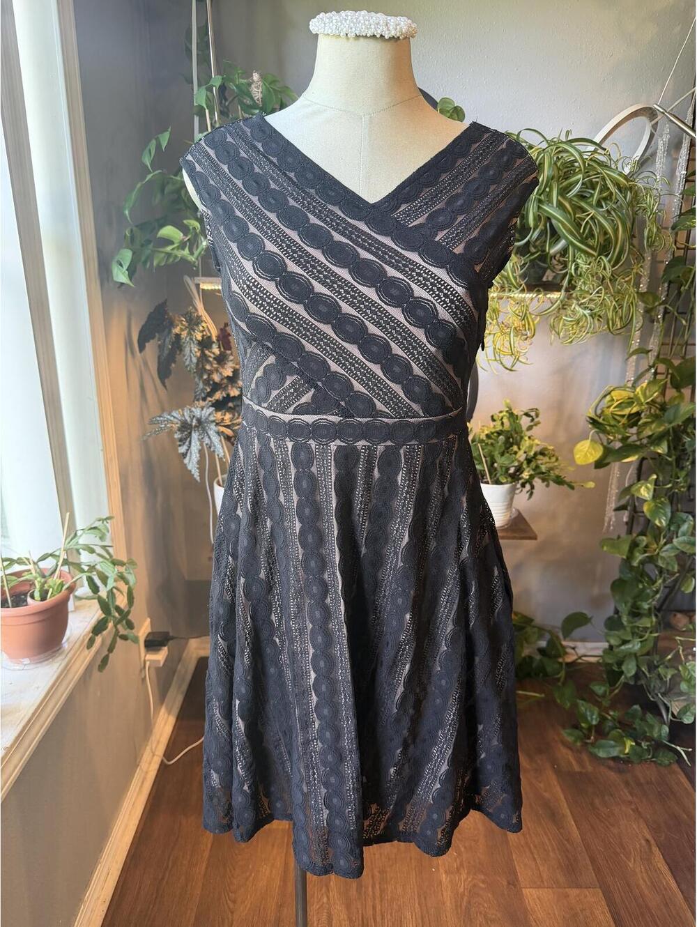 Signature Black Lace Fit & Flare Dress with Cross-Front V-Neck